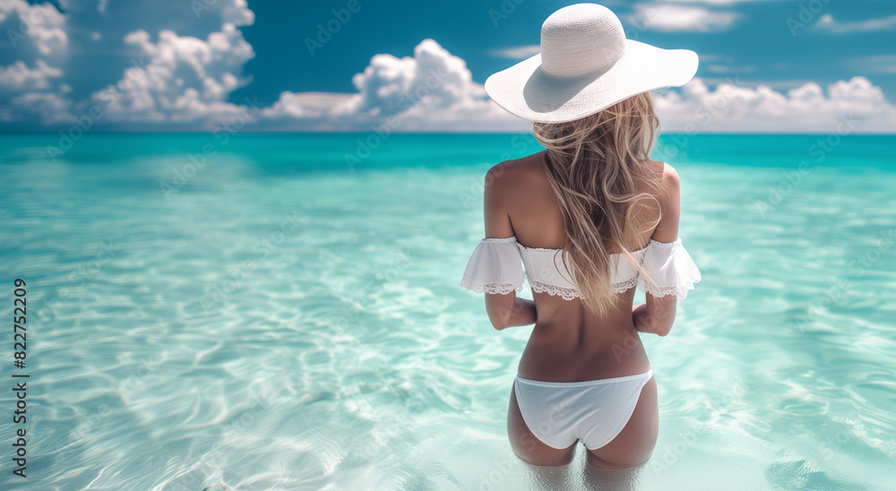 Woman in a white bikini and sun hat standing in clear turquoise water, with a picturesque ocean background
