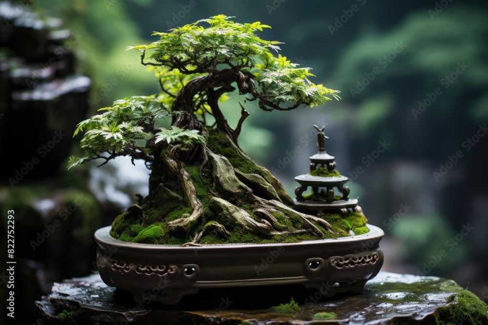 Bonsai Penjing Serenity with waterfall and stones., generative IA Bonsai Penjing Serenity with waterfall and stones., generative IA