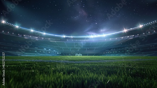  A night scene of an empty soccer stadium with bright blue lights illuminating the field.