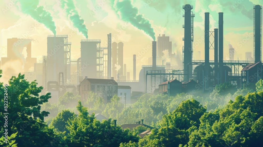 Industrial landscape with factory and green trees. world environment day Industrial landscape with factory and green trees. world environment day