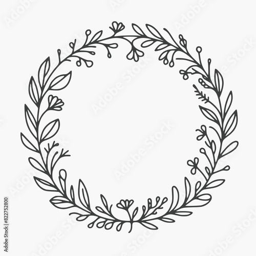 Floral Circle Frame Vector Wreath branch in hand drawn style isolated on white. Floral round frame of twigs, leaves and flowers. Frames for the Valentine's day, wedding decor, logo, identity template © Alienalgorithm