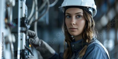 Inspecting Power Plant Fuse Box: Female Electrician in Safety Gear. Concept Power Plant Safety, Electrical Inspection, Female Electrician, Safety Gear, Work Environment © Ян Заболотний