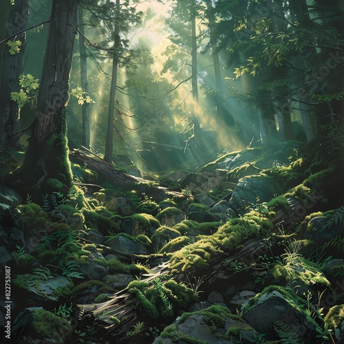 Sunbeams pierce through the dense foliage  illuminating patches of mosscovered rocks and fallen logs  creating a mystical ambiance filled with ethereal light and shadow play