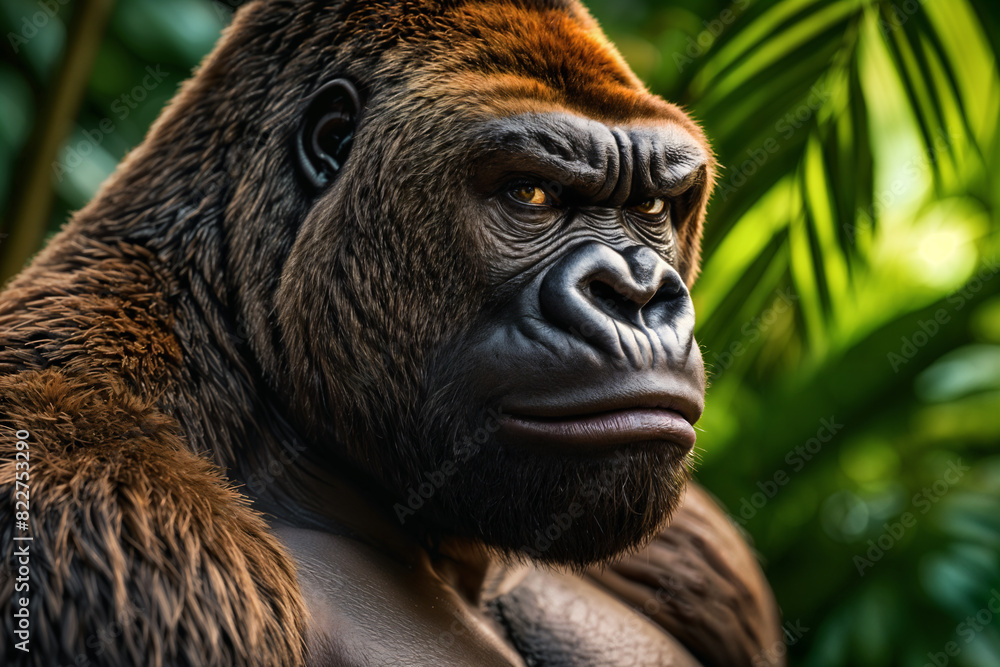 Obraz premium A close-up of a gorilla with a stern expression, standing amidst lush green foliage.