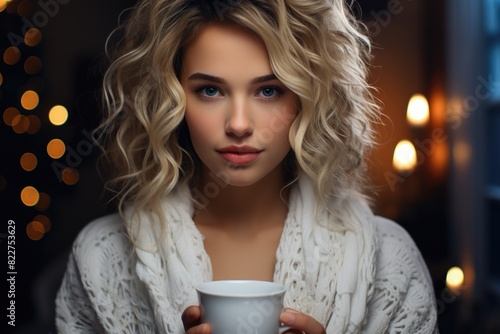 White lady inspired by curly hairstyle, drinking tea. Beautiful young woman enjoyi, generative IA photo