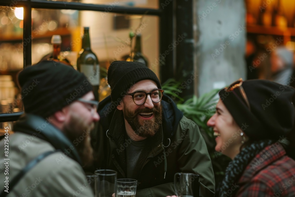 Group of friends hanging out together in a pub, drinking beer and talking Group of friends hanging out together in a pub, drinking beer and talking