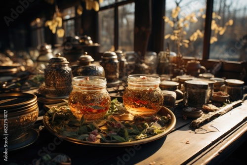 Aerial view  of  traditional tea  in  teacups  and  ceramic  teapot  generative IA