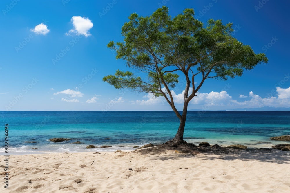 Lonely coconut tree on deserted beach., generative IA Lonely coconut tree on deserted beach., generative IA
