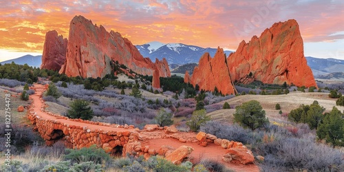 Vibrant sunrise over dramatic red rock formations in Garden of the Gods, set against distant snow-capped peaks and colorful sky photo