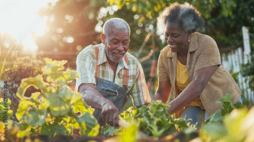 Elderly black couple working in backyard field Elderly black couple working in backyard field