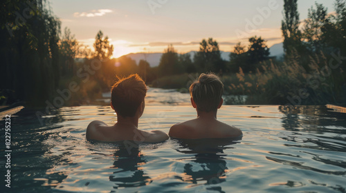 LGBTQ+ couple enjoying a spa day together,beautiful landscape photography, fine art