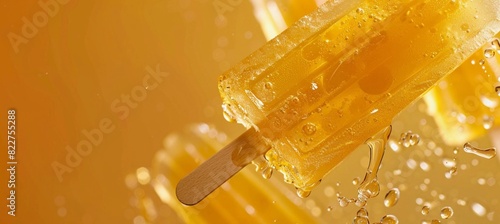 Melting yellow popsicle on a stick close-up photo