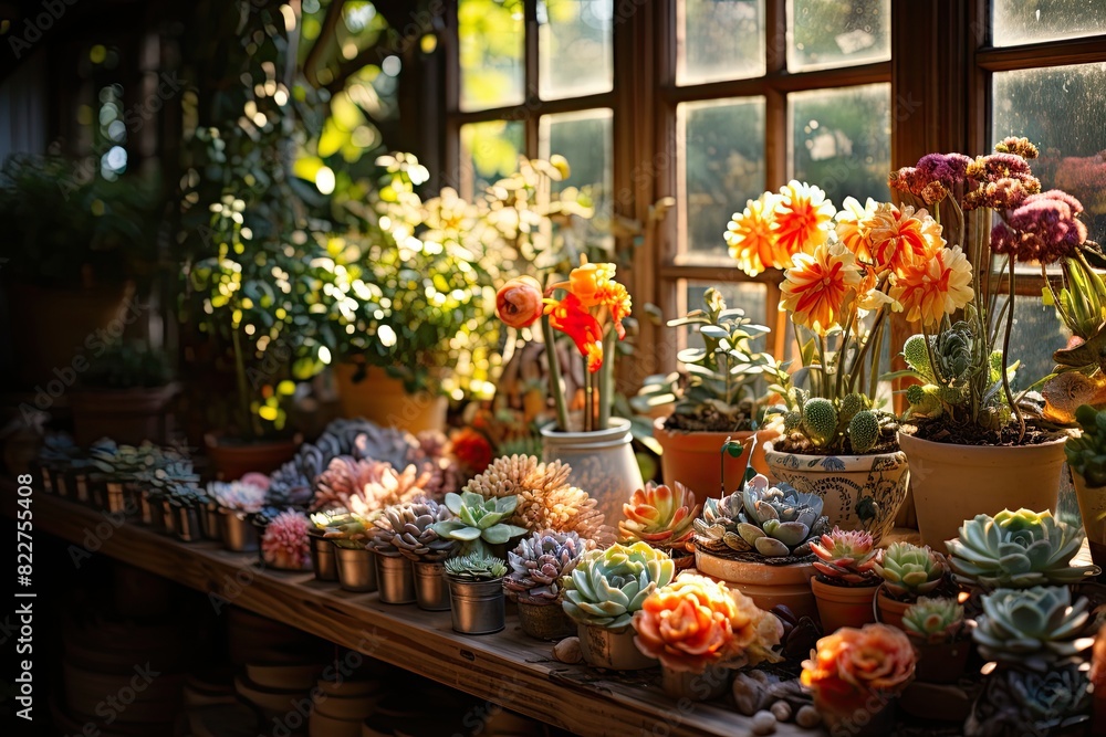 Fototapeta premium Succulent radiants in sunny corner., generative IA