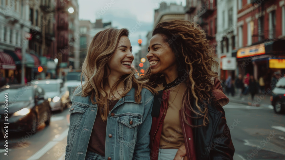 Lesbian couple holding hands and smiling on a busy city street,beautiful landscape photography, fine art Lesbian couple holding hands and smiling on a busy city street,beautiful landscape photography, fine art