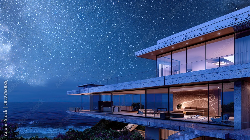 modern house overlooking ocean with beautiful starry sky. Generative Ai