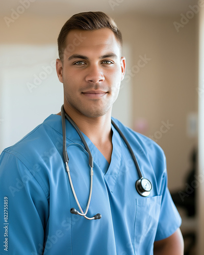 a doctor in blue scrubs with a stethoscope draped across his shoulders, portrait, front view in a medical-themed, photorealistic illustration in JPG. Generative ai