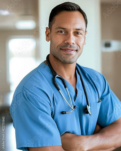 a doctor in blue scrubs with a stethoscope draped across his shoulders, portrait, front view in a medical-themed, photorealistic illustration in JPG. Generative ai