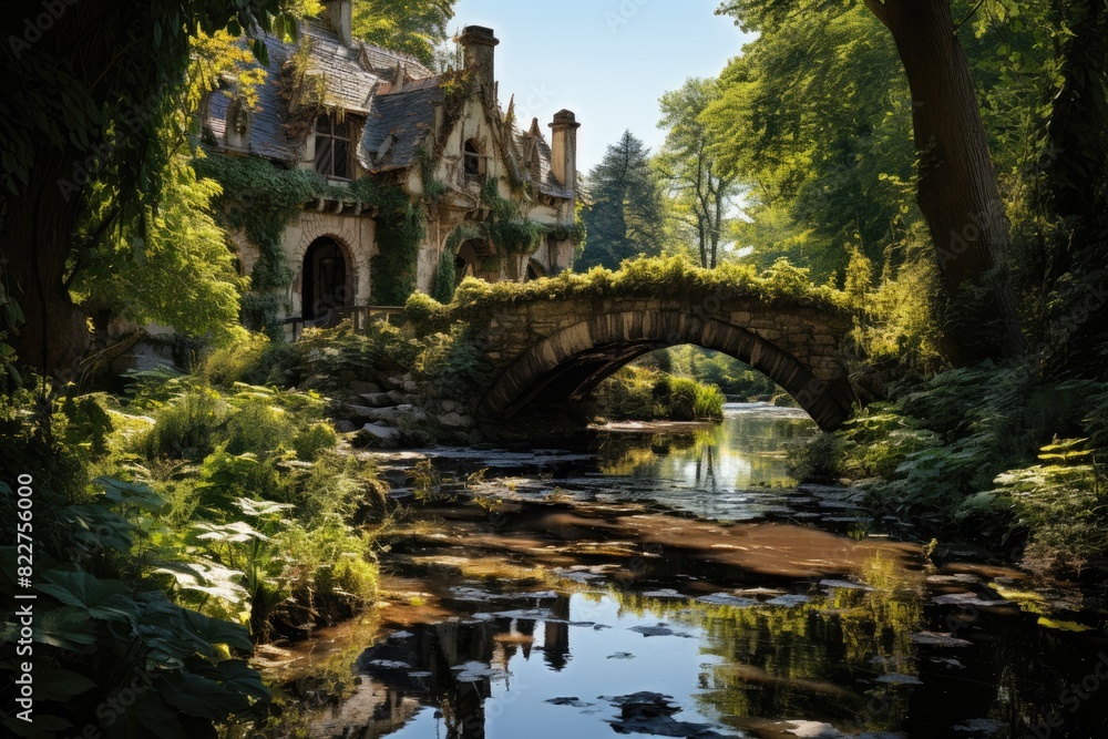 Stone bridge on stream with aquatic plants., generative IA Stone bridge on stream with aquatic plants., generative IA