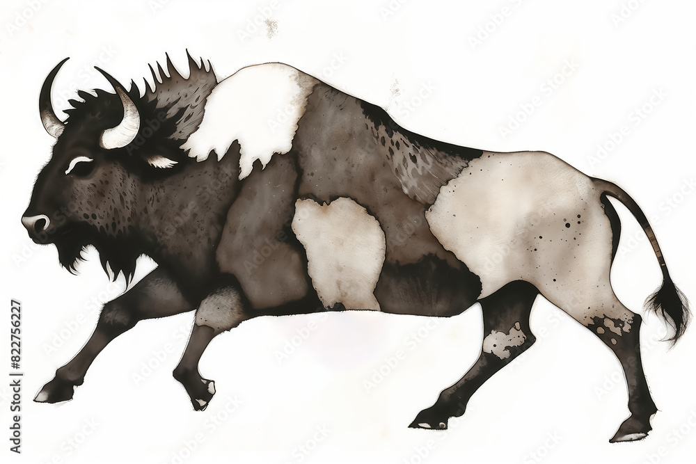 Fototapeta premium Watercolor buffalo illustration. Bison in a desert landscape