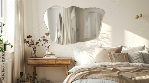 Modern, irregular shaped mirror above simple, wooden dressing table next to cozy bed . Generative Ai © Kharismafajar