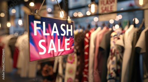 Fashion stores are holding promotions Flash sale discount. Clothing shop with Flash Sale written on the clothes hanger on the shop shelf.  photo