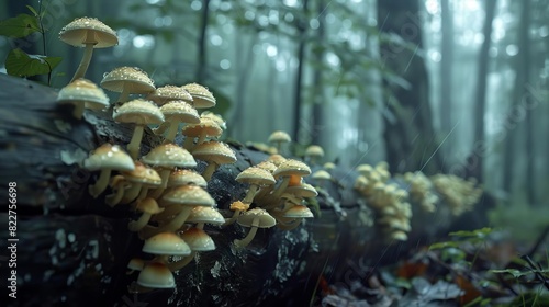 A forest scene with mushrooms sprouting from a fallen log,