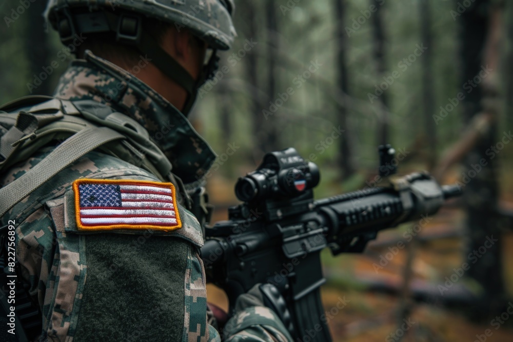 Obraz premium Close up of a US soldier holding an M4 rifle with a red dot sight.