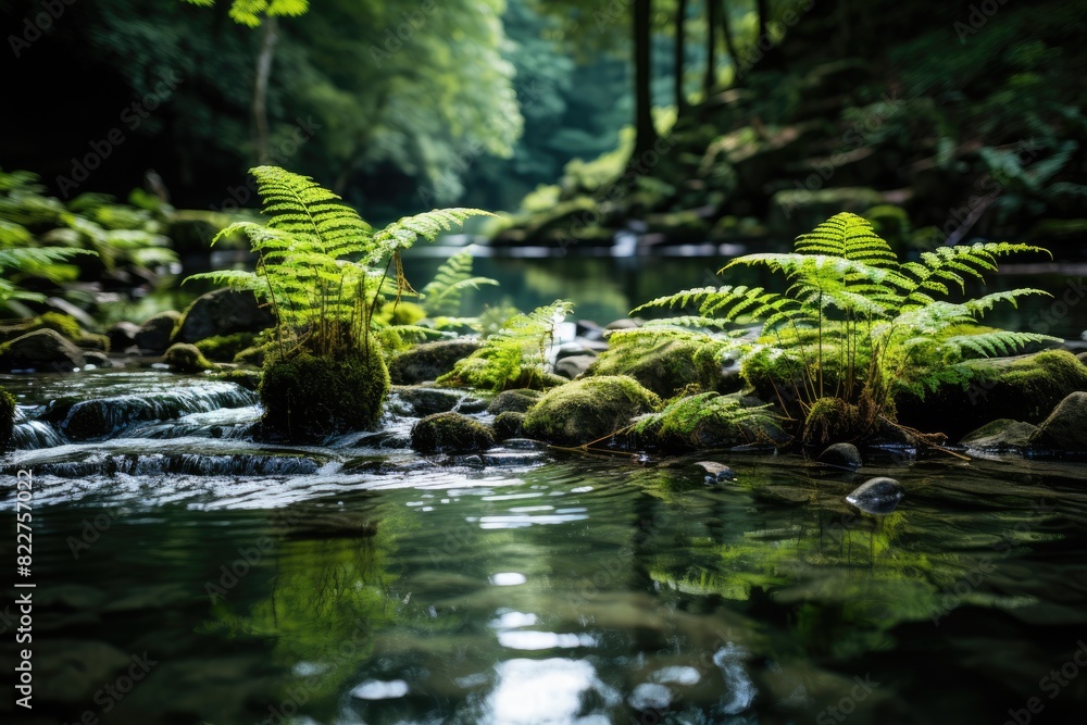 Natural waterfall with exuberant ferns., generative IA Natural waterfall with exuberant ferns., generative IA