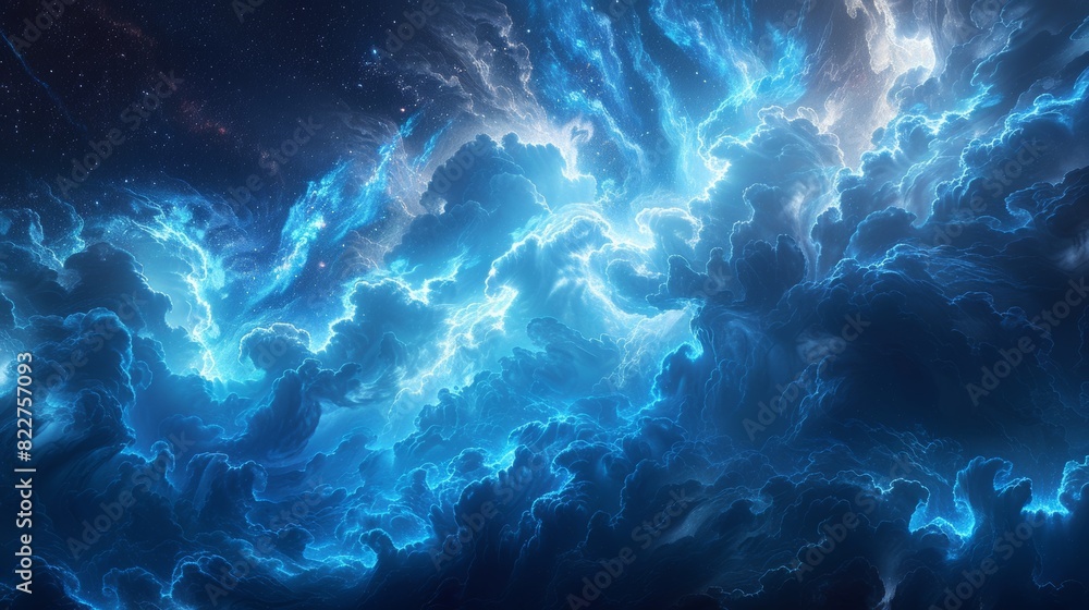 A group of glowing blue clouds floating in space with mass of energy flowing.