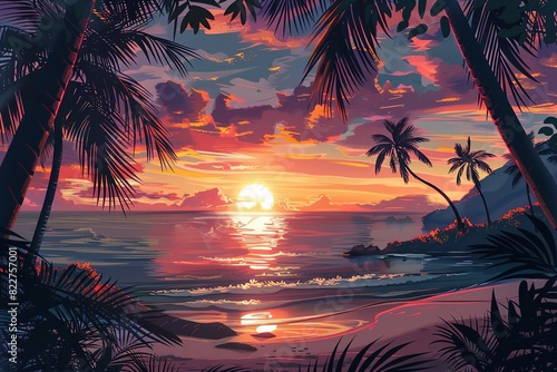 A dreamy depiction of a sunset over a tropical beach, with palm trees framing the scene © Boraryn