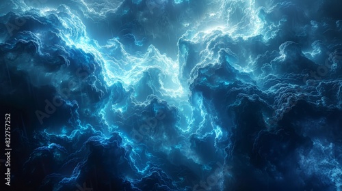 A group of glowing blue clouds floating in space with mass of energy flowing.