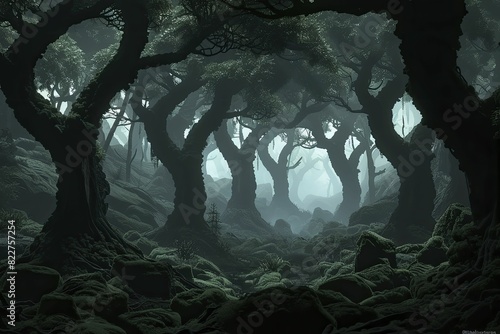 Mystical gaming environment featuring twisted trees and lush moss, ideal for immersing players in a vivid forest realm