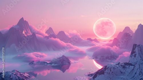 beautiful sunset with neon sun and retro mountains