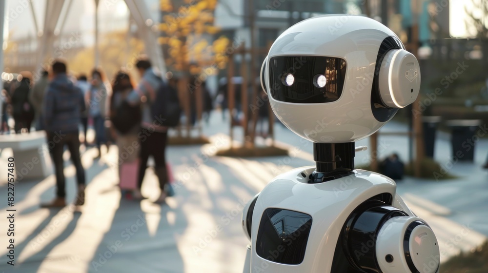 robot with face on the street with blur background robot with face on the street with blur background
