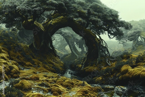 Twisted tree trunks and mossy landscapes are perfect for fantasy films that delve into mystical, enchanted forest realms from a bygone era. photo