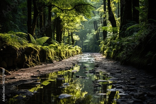 Forest trail with ferns and golden light.  generative IA