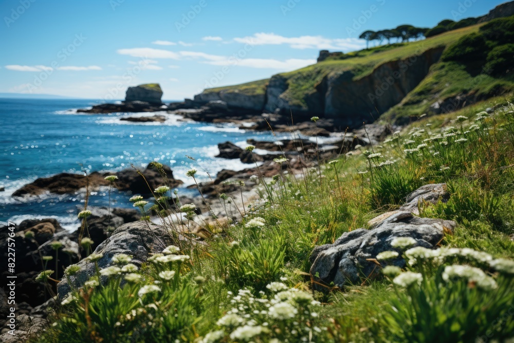 Green grass on cliff by the ocean., generative IA