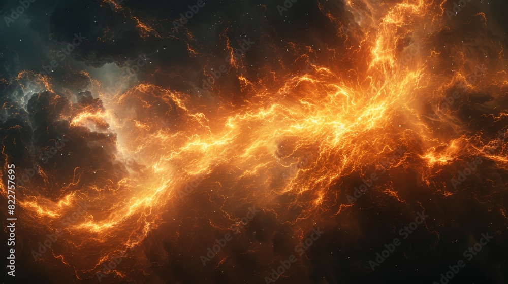 A group of glowing orange clouds floating in space with mass of energy flowing.