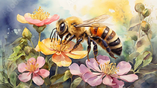 Watercolor painting: A bee collecting nectar from a flower, its vital role in pollination ensuring the continuation of plant life. photo