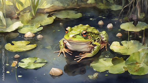 Watercolor painting: A frog laying eggs in a pond, its life cycle and development from tadpole to adult a fascinating journey,
