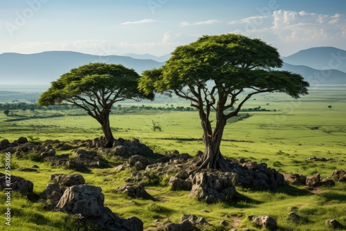 Serene panorama of the plateau with majestic trees.  generative IA