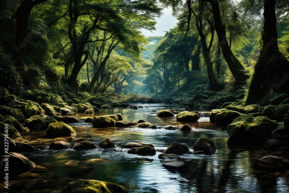 Tall trees next to serene stream., generative IA Tall trees next to serene stream., generative IA