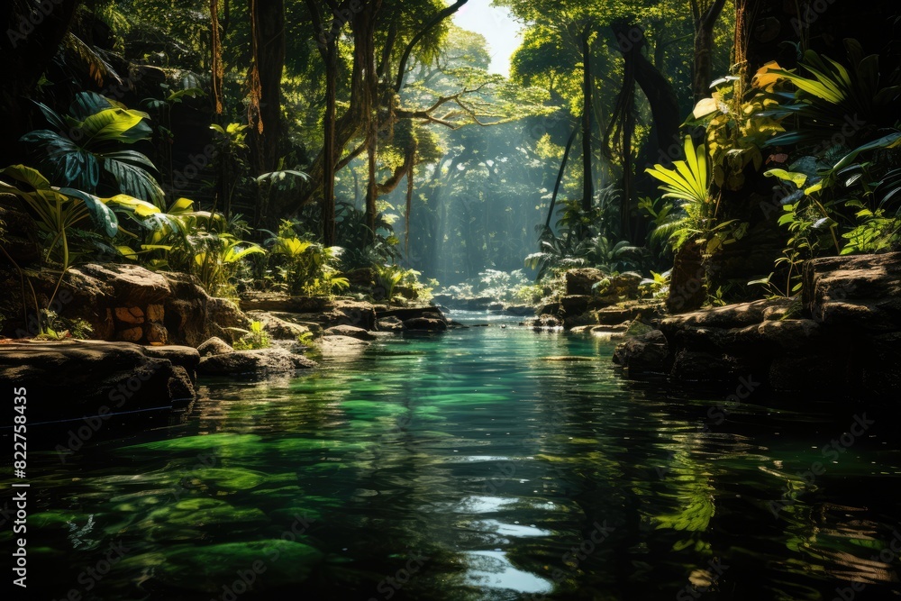 Exuberant tropical forest with vibrant wildlife., generative IA Exuberant tropical forest with vibrant wildlife., generative IA