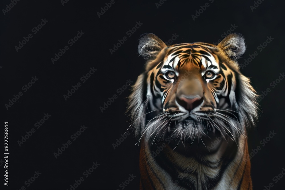 Tiger portrait, symmetrical composition, black background.