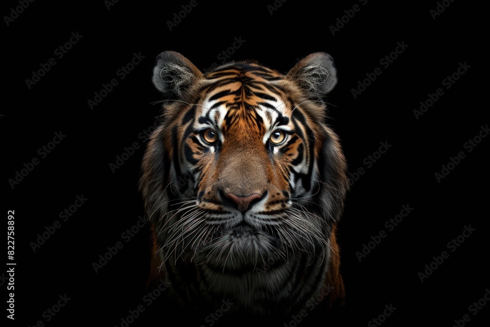 Tiger portrait, symmetrical composition, black background.