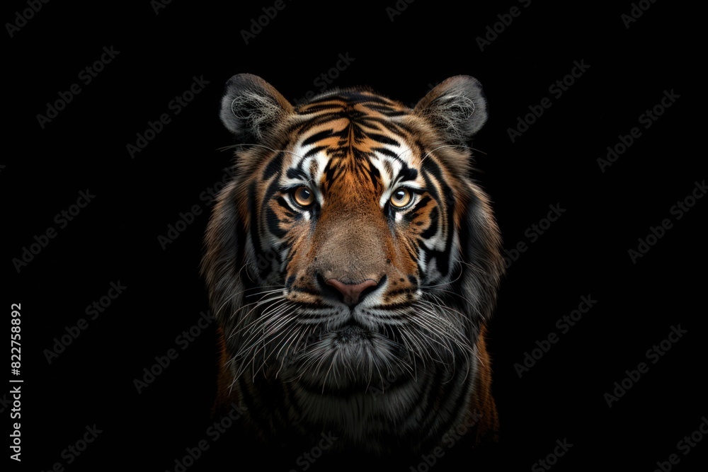 Fototapeta premium Tiger portrait, symmetrical composition, black background.