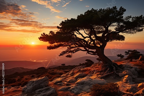 Solitary pine tree in hill under the sunset.  generative IA