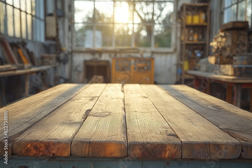 Sunlit wooden table in a vintage workshop