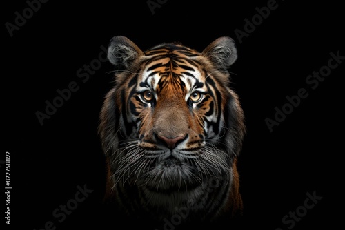 Tiger portrait  symmetrical composition  black background.