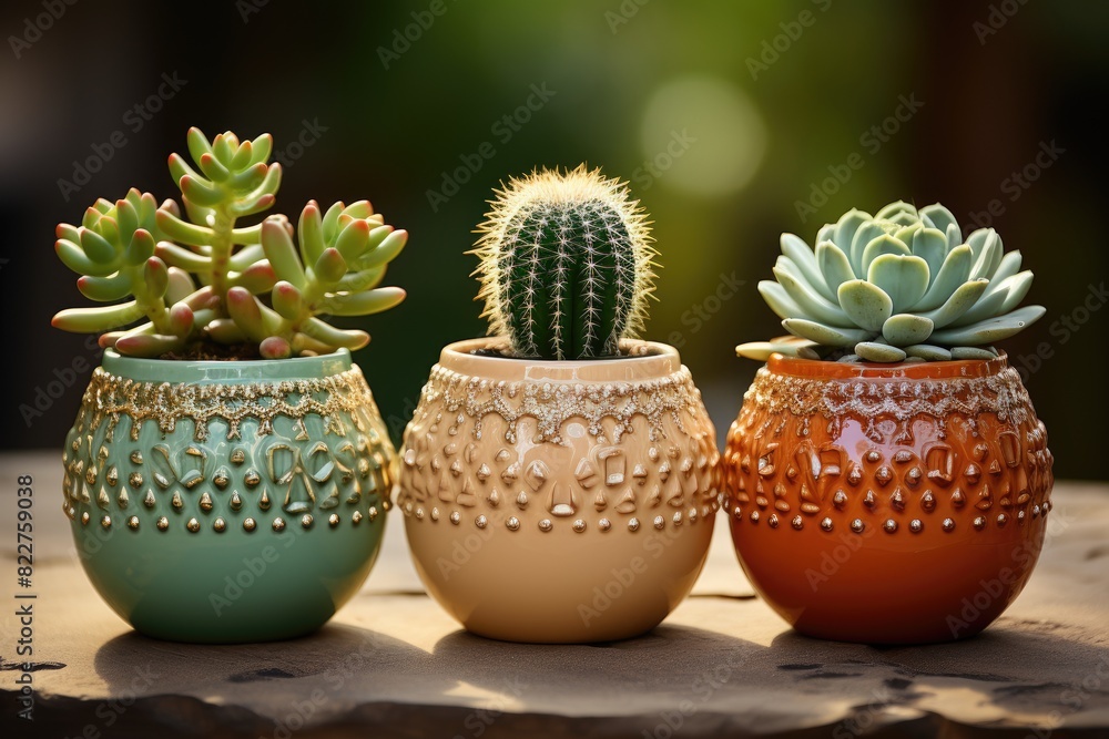 Mini cacti in decorative vessels in soft light., generative IA Mini cacti in decorative vessels in soft light., generative IA